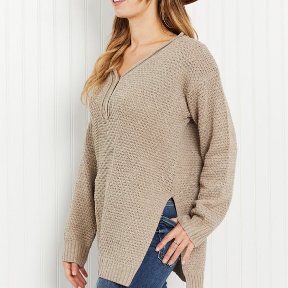 GeeGee Full Size Waffle Knit Henley Sweater - Picture 6 of 8